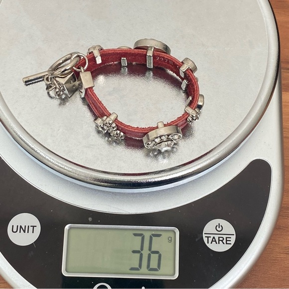 Red Genuine Leather Rhinestone Charms 7 1/2” Toggle Bracelet 36g. - Picture 11 of 15